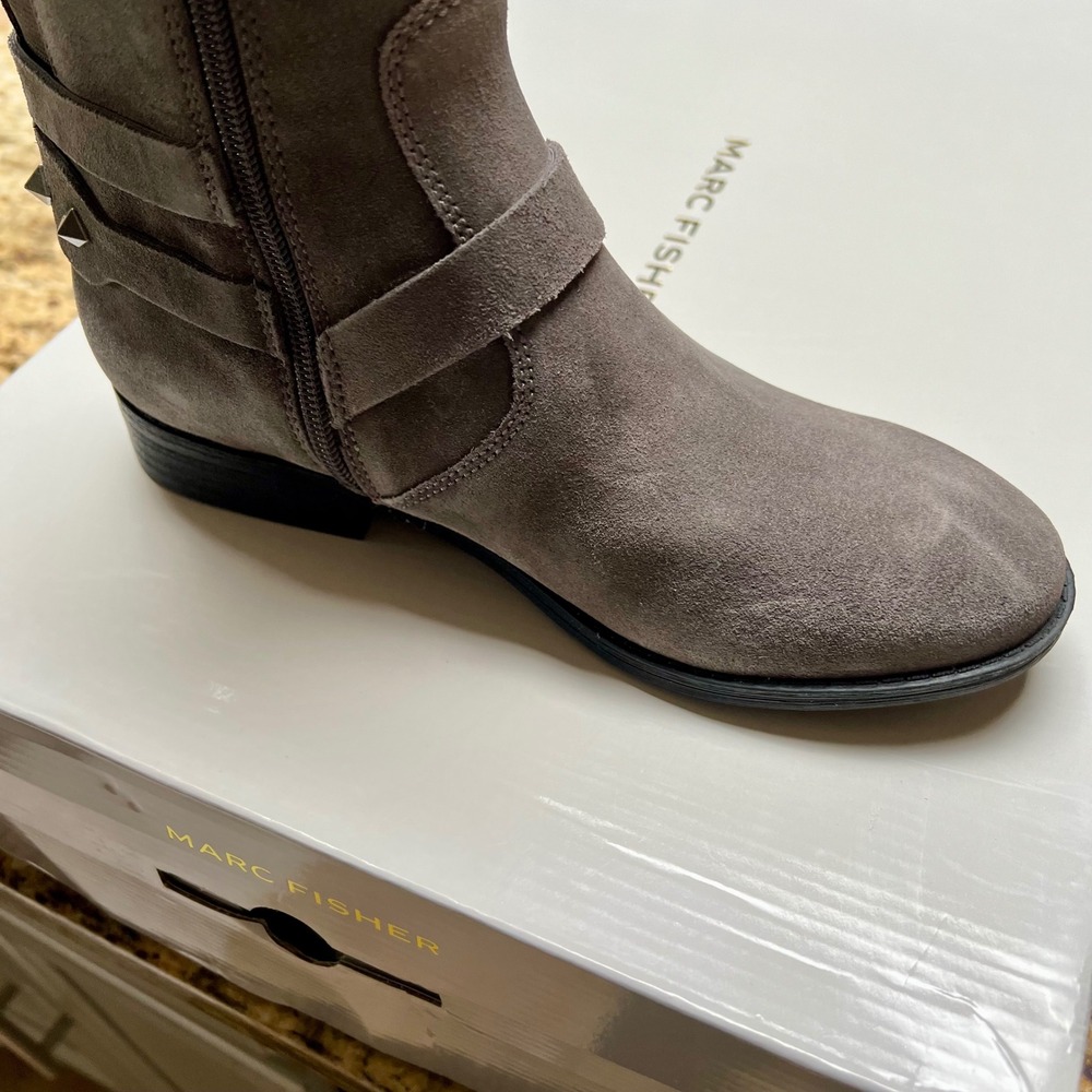 Marc Fisher Womens Gray Suede Knee High Boots Buckle Studded Side Zip Flat Heel - Picture 9 of 11